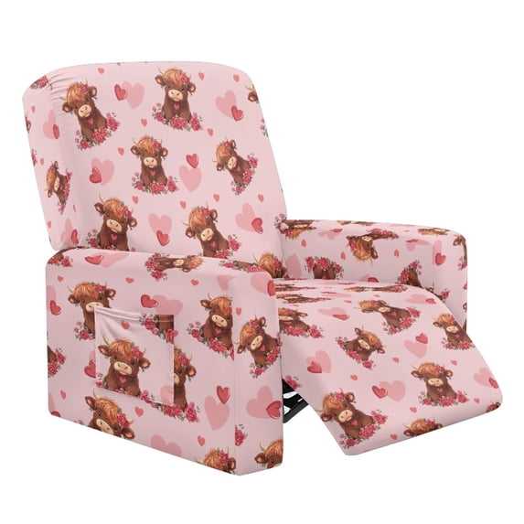HELLHERO 4 Pcs Highland Cattle Heart Recliner Slipcovers, Anti Stain Reclining Couch Covers Washable Non Slip Recliner Sofa Slipcover for Home Living Room