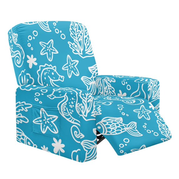 HELLHERO 4 Pieces Seahorse Ocean Print Recliner Chair Slipcover, with Elastic Bottom Recliner Chair Covers with Side Pocket Washable Recliner Cover for Living Room Home