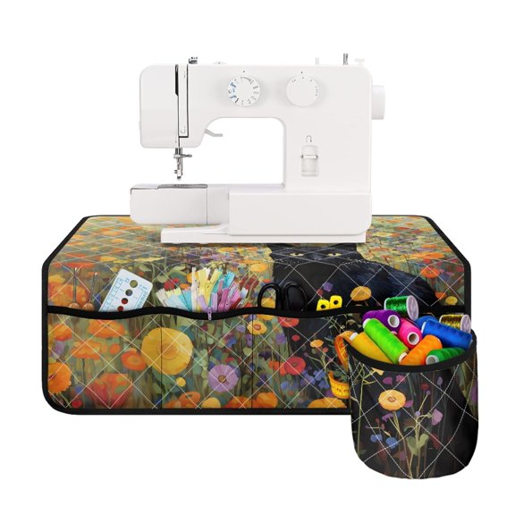 HELLHERO 4 Pockets Sewing Machine Pad Flowers and Black Cat Scratch-proof Fabric Polyester Scratches-Proof Overlocker Serger Scrap Trim Catcher for Woman Gifts