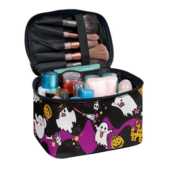 HELLHERO (8.86"x6.5"x5.9") Travel Cosmetic Bag Organizer Polyester Brush Slots Cosmetic & Toiletry Organizer Storage Pockets Portable Traveling Travel Portable Ghost Pumpkin