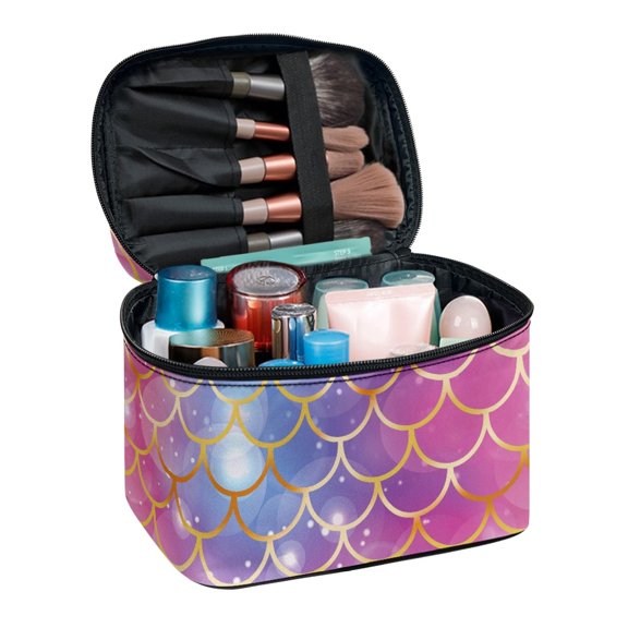 HELLHERO (8.86"x6.5"x5.9") Travel Makeup Organizer Case Polyester Portable Travel Cosmetic Bags Light with Large Capacity(Colorful Fish Scale Pattern Design)