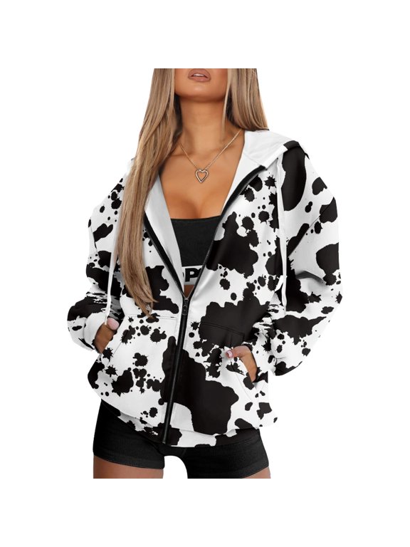 Abstract Cow Print with Pockets Track Jacket, Polyester Fabric Long Sleeve Sweatshirts Lightweight Hooded Hooded Jacket for Fall Winter