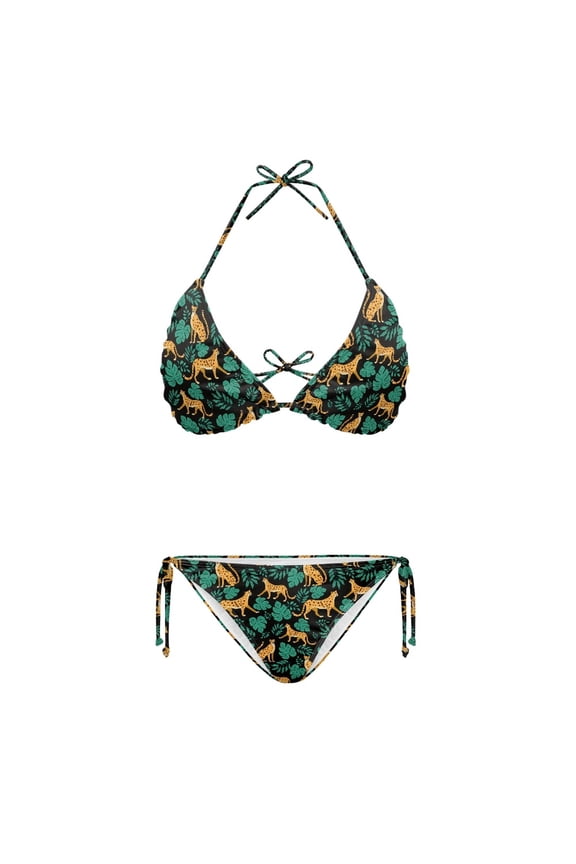 Adjustable Bathing Suit Leopard Pattern Plus Size Design Elastic Backless Halter Bikini Set