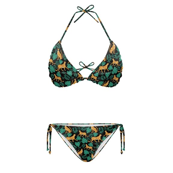 HELLHERO Adjustable Bathing Suit Leopard Pattern Plus Size Design Elastic Backless Halter Bikini Set