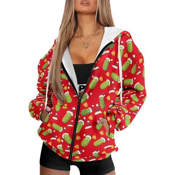 HELLHERO Adjustable Drawstring Hood Zip Up Jacket for Fall Outdoor, Pickle Christmas Bag Polyester Fabric with Pockets Hooded Jacket