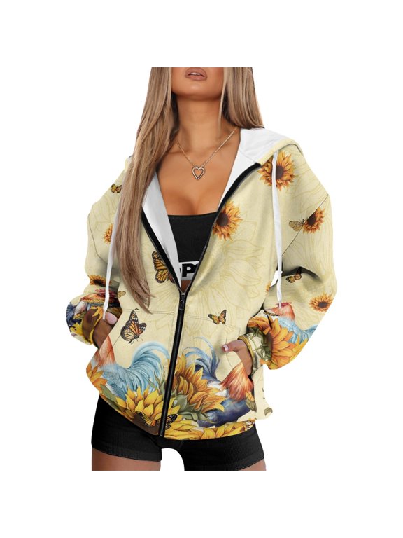Adjustable Drawstring Hood Zip Up Jacket for Fall Winter, Sunflower Rooster Polyester Fabric with Pockets Womens Zip Up Hoodies