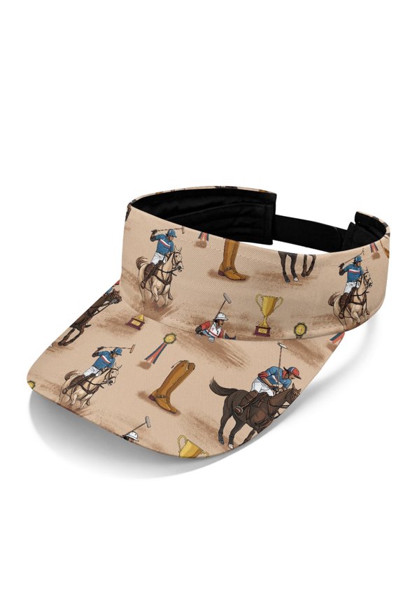 Adjustable Golf Visor Hat with Equestrian Polo Pattern, Polyester Fabric Empty Top Design Sun Visor Cap for Golf and Beach