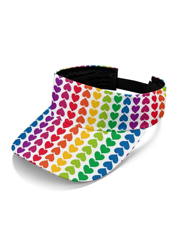 Adjustable Polyester Fabric Sports Visor Hat for Beach Walk, Breathable Lightweight Open Top Empty Crown Cap, Rainbow Hearts
