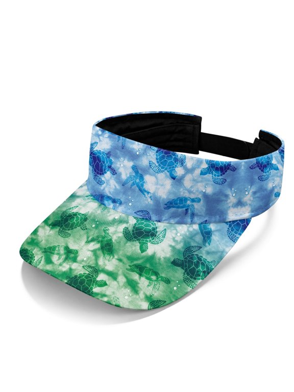 Adjustable Polyester Fabric Sun Visor Hat for Beach Tennis, Breathable Open Top Visor Cap, Ocean Turtle Print with Gradient Blue-Green Tie-Dye Background