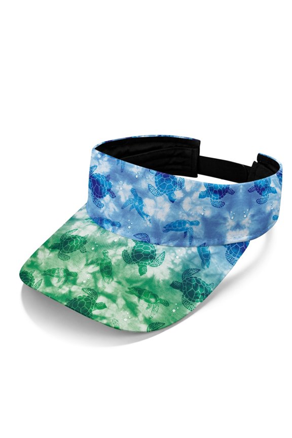 Adjustable Polyester Fabric Sun Visor Hat for Beach Tennis, Breathable Open Top Visor Cap, Ocean Turtle Print with Gradient Blue-Green Tie-Dye Background
