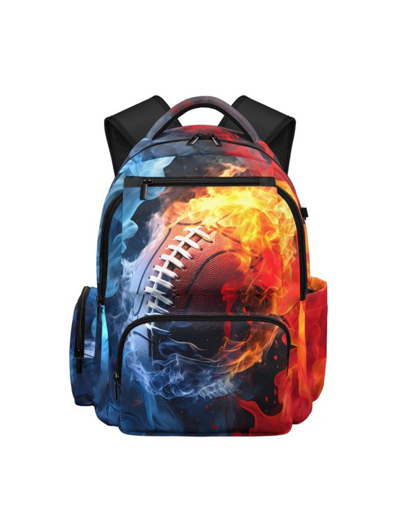 Adjustable Shoulder Strap School Bag for Elementary School, 600D Polyester Durable 17 Inch Kids Backpack, Fire Football Print