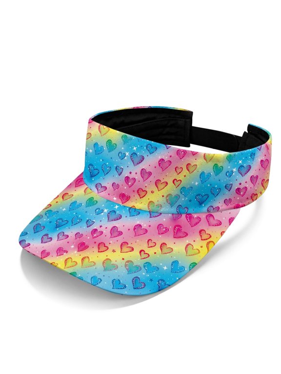 Adjustable Sport Sun Visor Hats for Sports Walking, Polyester Fabric Open Top Sports Visor Hat, Rainbow Gradient Heart Pattern