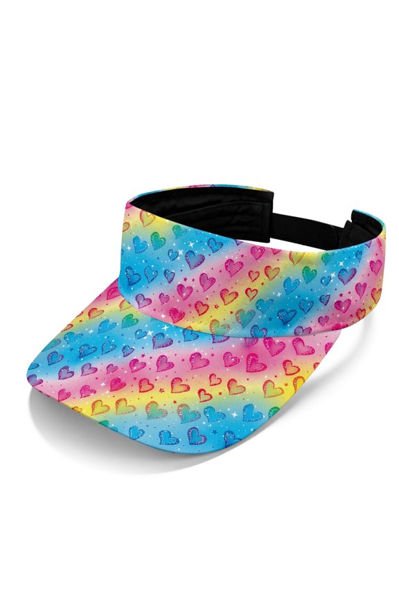 Adjustable Sport Sun Visor Hats for Sports Walking, Polyester Fabric Open Top Sports Visor Hat, Rainbow Gradient Heart Pattern