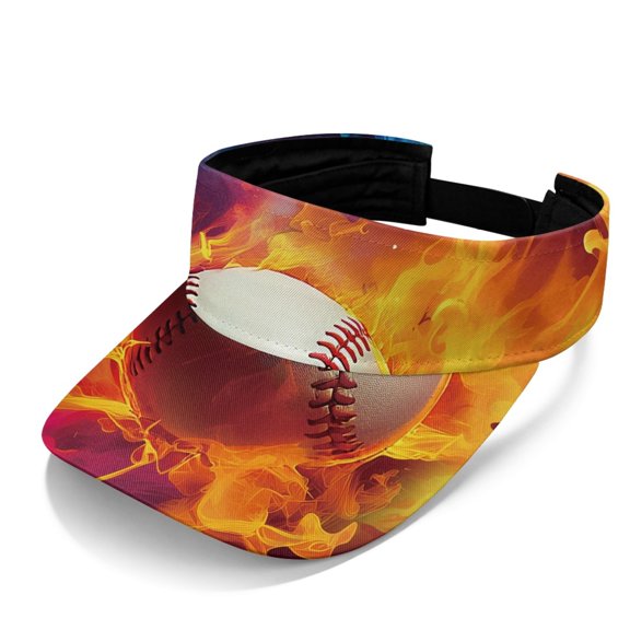 HELLHERO Adjustable Sports Visor Hat with Flaming Baseball Print, Polyester Fabric Empty Top Design Sun Visor Cap for Running Hiking