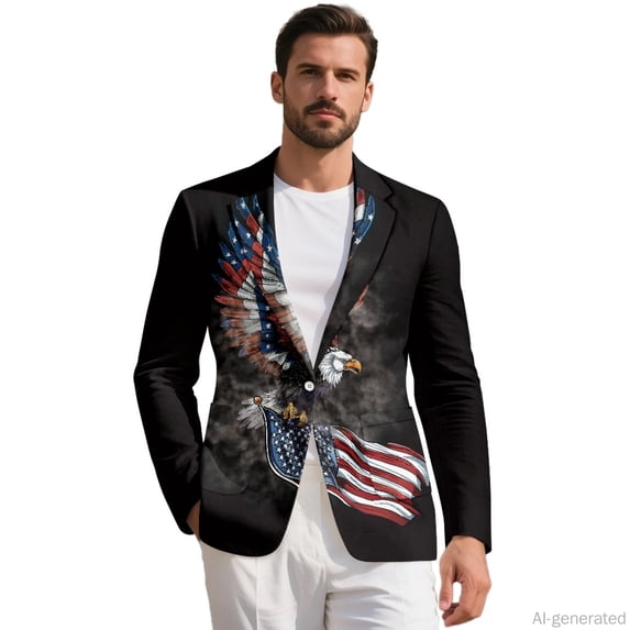 HELLHERO American Eagle Pride Men's Suit, Regular Fit Casual Suits for Men Single Button Polyester Men's Business Suit Jacket for Summer