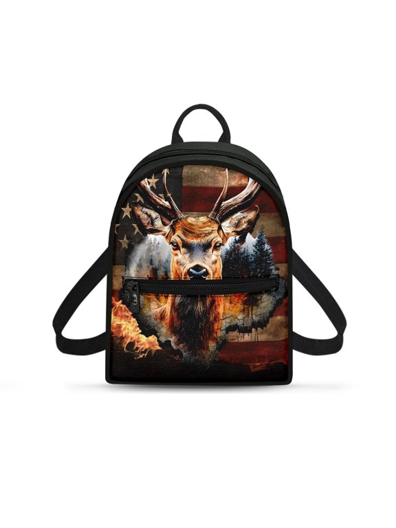 American Flag Buck Deer Zipper Closure Carrying Back Pack Purses, Adjustable Strap Small Travel Backpack with Practical for Work Hangouts