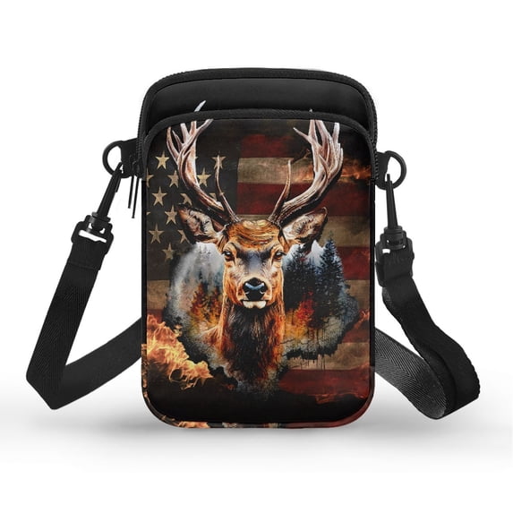 HELLHERO American Flag Deer Crossbody Sling Bags with Double Deck for Casual Use