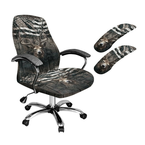HELLHERO American Flag Deer Print Office Chair Cover with Armrest Covers, Gaming Chair Seat Covers Skin Friendly, Computer Office Chairs Cover with Armrest Slipcover