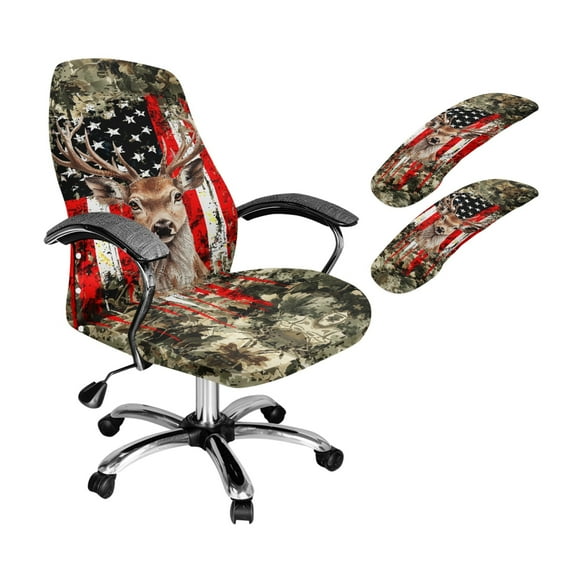 HELLHERO American Flag Deer Print Office Chair Cover Set Standard Size, Decorative Protective Computer Chair Cover with Armrest Covers, Home Office Decor