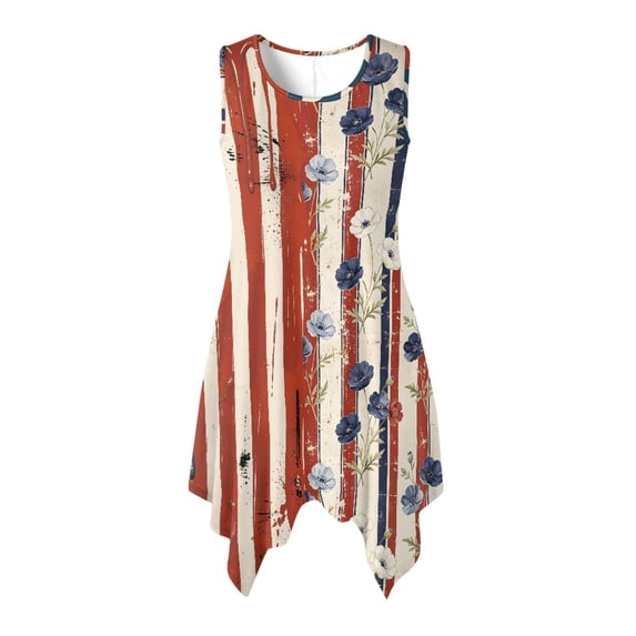 HELLHERO American Flag Drip Print Summer Sleeveless Sundress for Daily Wear Party, Side Pockets Pleated Asymmetric Hem Midi Dress