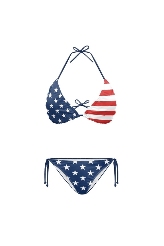 American Flag Pattern Two Piece Bikini Set Sexy Backless Swimwear with Removable Pads Quick Dry Adjustable Halter Tie Side Design Perfect