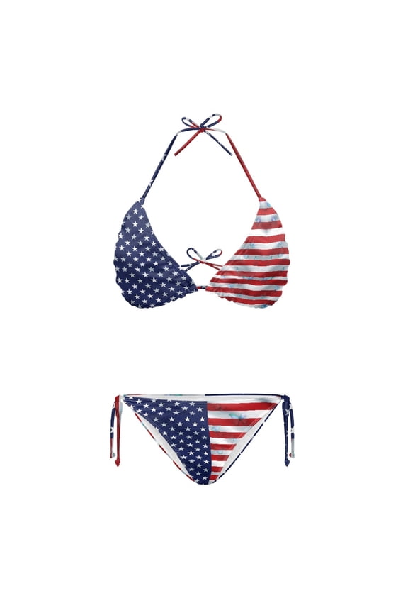 American Flag Pattern Women's Two Piece Bikini Set Quick Drying Plus Size Adjustable Tie Halter Swimwear Patriotic Bathing Suit