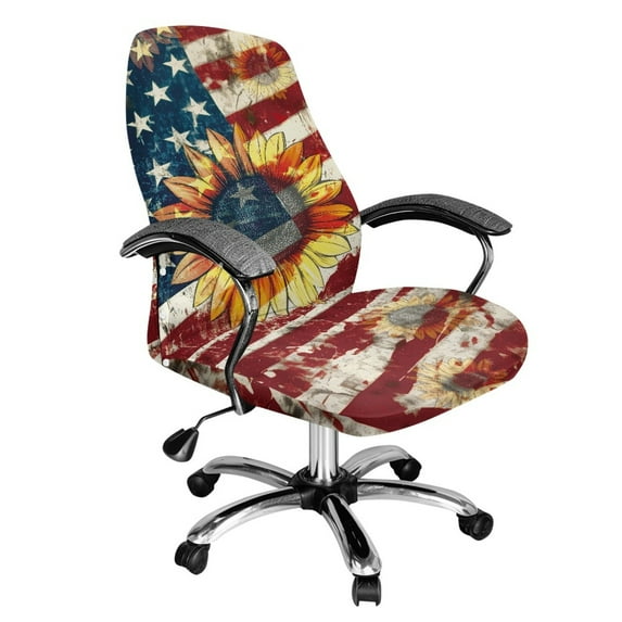 HELLHERO American Flag Print Office Chair Cover Stretch, Sunflower Print Desk Chairs Slipcover with Elastic Band, Dustproof Gaming Chair Cover Decorative