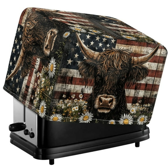 HELLHERO American Flag Print Toaster Cover 2 Slice, Highland Cattle Daisy Dustproof Bread Machine Protector with Drawstring, Waterproof Small Kitchen Appliances Cover