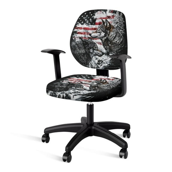 HELLHERO American Flag Wolf Print Office Chair Covers Slipcover, Soft Rotating Chair Slipcover, Decorative Computer Desk Chairs Cover