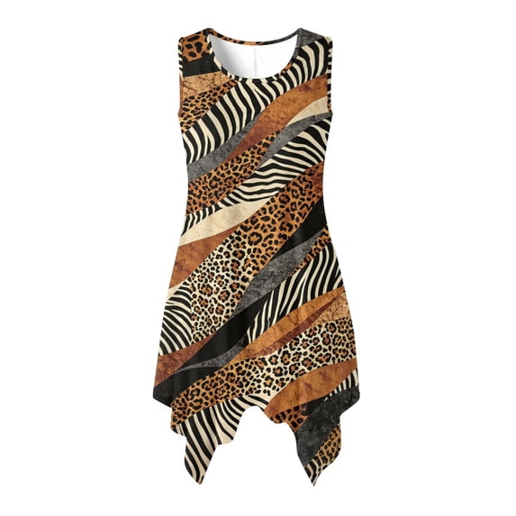 HELLHERO Animal Patchwork Print Beach Long Dresses, Side Pockets Sleeveless Sundress Pleated Asymmetric Summer Sleeveless Dress