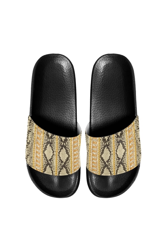 Anti-Slip Sole Slides Slippers, Snake Skin & Gold Chain Non Slip Comfortable Slide Sandals for Walking Summer Outdoor