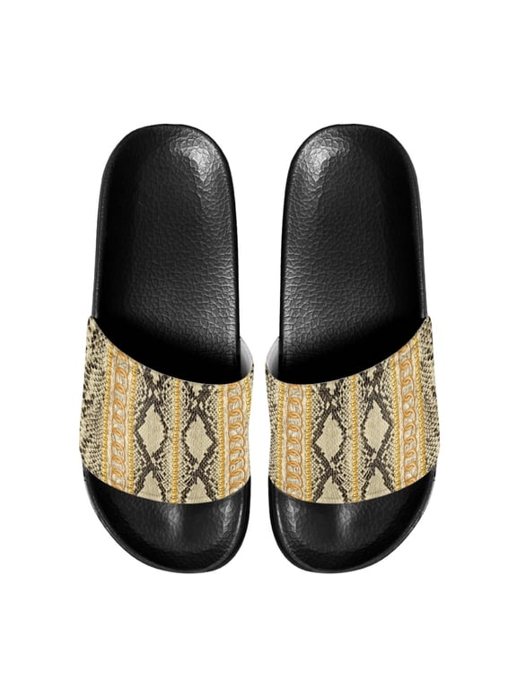 Anti-Slip Sole Slides Slippers, Snake Skin & Gold Chain Non Slip Comfortable Slide Sandals for Walking Summer Outdoor