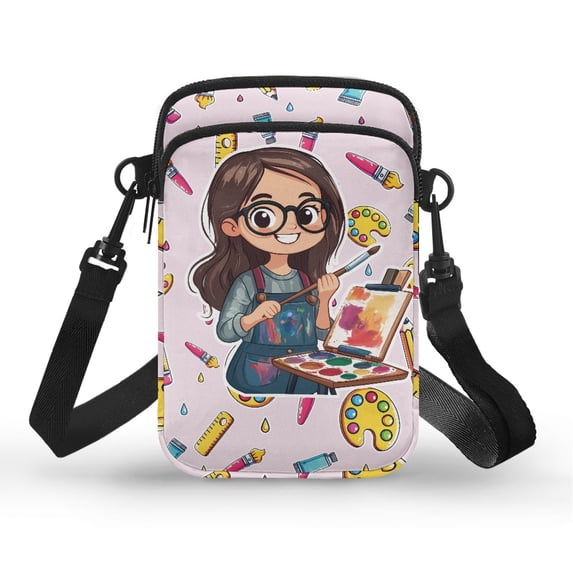 HELLHERO Artist Girl Art Tools 2 Zippers Crossbody Bags with Double Deck Polyester 4.33"x1.97"x7.09" for Men, Women