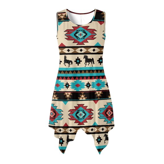 HELLHERO Asymmetric Beach Long Dress, Geometric Animal Pattern Round Neck Summer Sleeveless Dress, Side Pockets Non-Fade Sleeveless Sundress for Shopping Dating