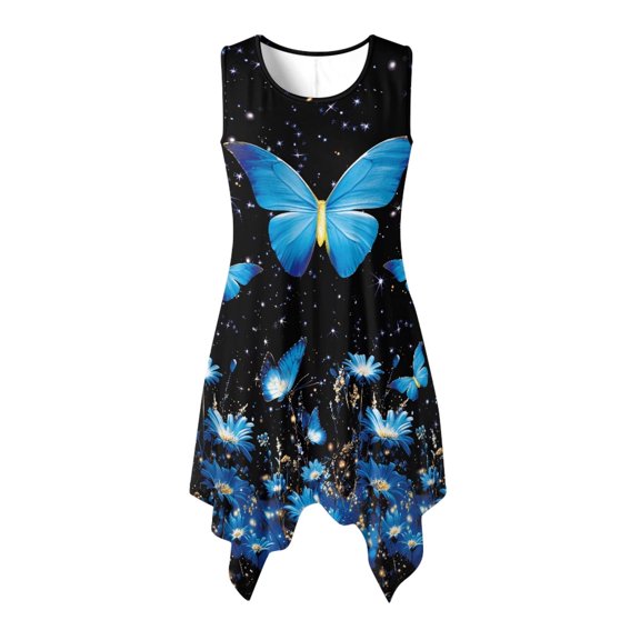 HELLHERO Asymmetric Hem Midi Dress, Blue Butterfly Flower Print Side Pockets Ladies Irregular Hem Midi Dress, Pleated Sleeveless Sleeveless Sundress for Party