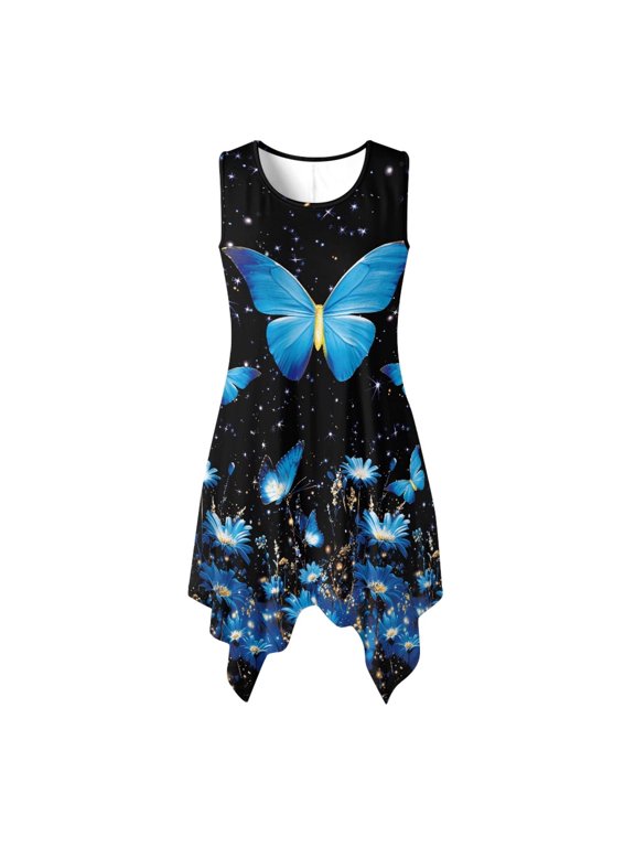 Asymmetric Hem Midi Dress, Blue Butterfly Flower Print Side Pockets Ladies Irregular Hem Midi Dress, Pleated Sleeveless Sleeveless Sundress for Party