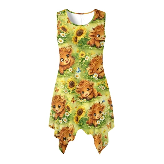 HELLHERO Asymmetric Sundress, Calf and Sunflower Pattern Side Pockets Summer Sleeveless Dresses, Asymmetrical Hem Design Practical Side Pocket Midi Dress for Party