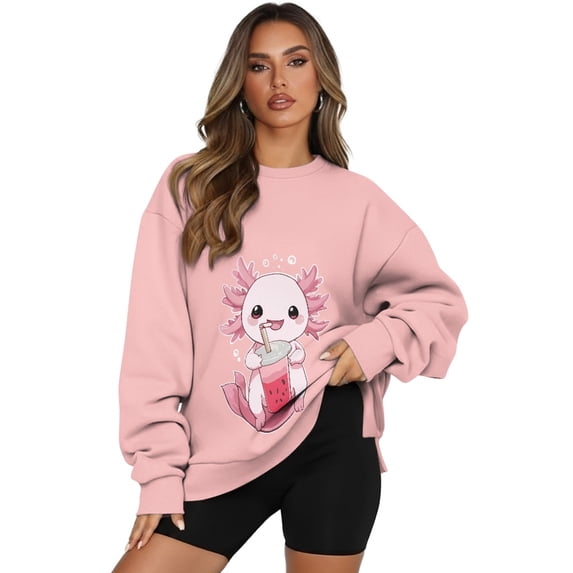 HELLHERO Axolotl Print Women Sweatshirt Trendy Oversized Crew Neck Pullover Tops Long Sleeve Sweatshirt Fall Travel Tops Size L