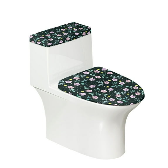 HELLHERO Bathroom Toilet Lid Cover Set 2 Piece Set Elastic Fabric Dustproof for Family Floral Pattern