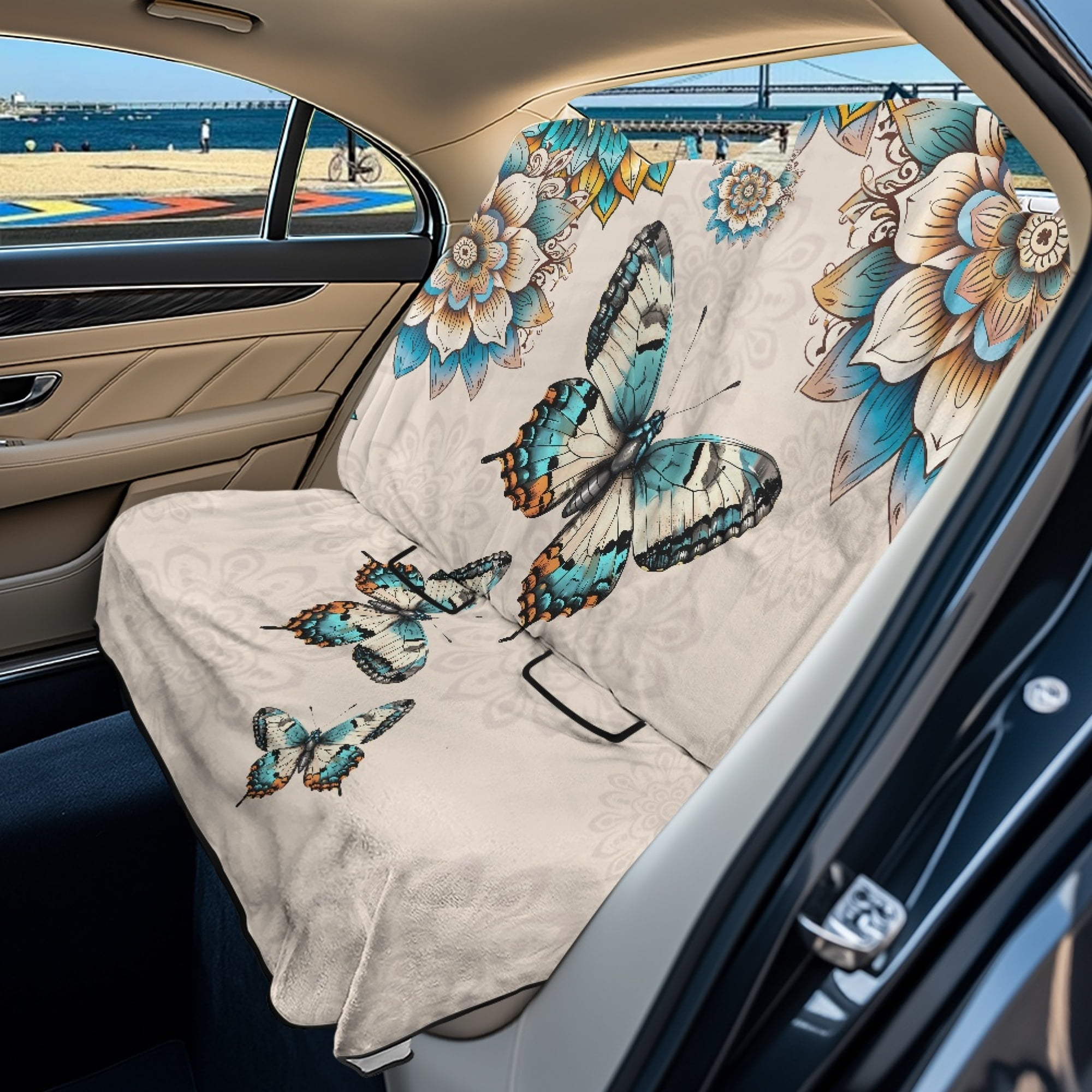 Drydeepin Butterfly Boho Mandala Pattern Car Back Seat Cover, Rear Bench Seat Towel Cover Breathable Non-Slip Rear Seat Cover Universal Fit for Sedans SUVs Truck Auto Interior Decor