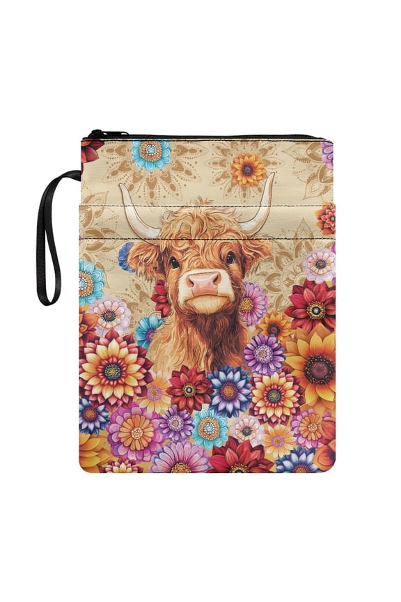 Bible Case Bag with Pocket Polyester Fabric Zipper Pouch with Zipper for Bible Carrying Book Case, Highland Cow Floral Wreath