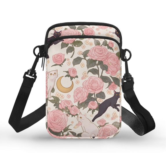 HELLHERO Black Cat Floral Crossbody Bag 2 Layers Men, Women for Casual Travel 4.33"x1.97"x7.09"
