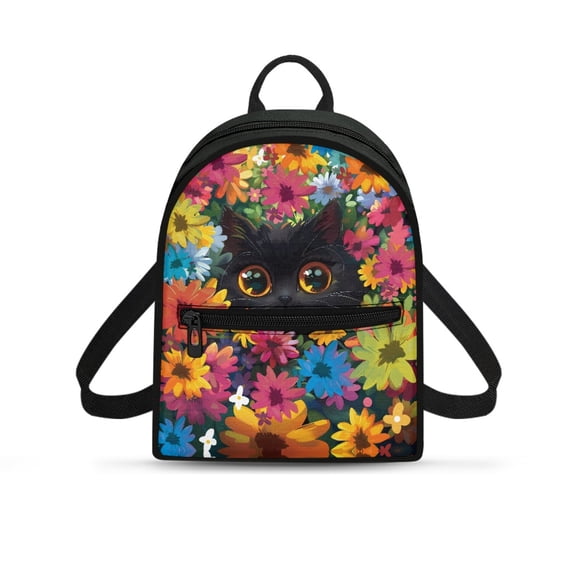 HELLHERO Black Cat Floral Design Travel Shoulder Bags with Front Pocket Small Backpack Purse for Gym Outing, Polyester Lightweight Back Pack