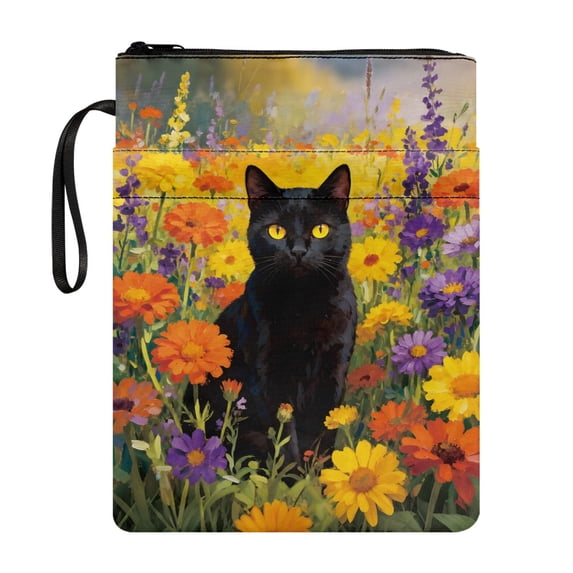 HELLHERO Black Cat Floral Pattern Retro Book Cover Sleeve with Zipper Polyester Fabric Book Storage Bag Waterproof Stationery, Accessories for Reading Lovers