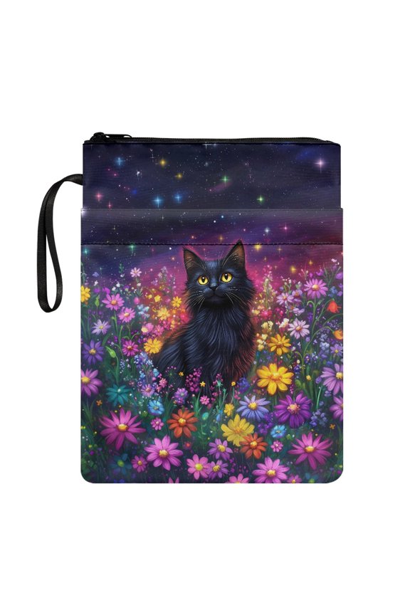 Black Cat Floral Zipper Pouch Tote Bags for Decorative Design Book Cover Carrying Case Polyester with Book Protection and Lightweight