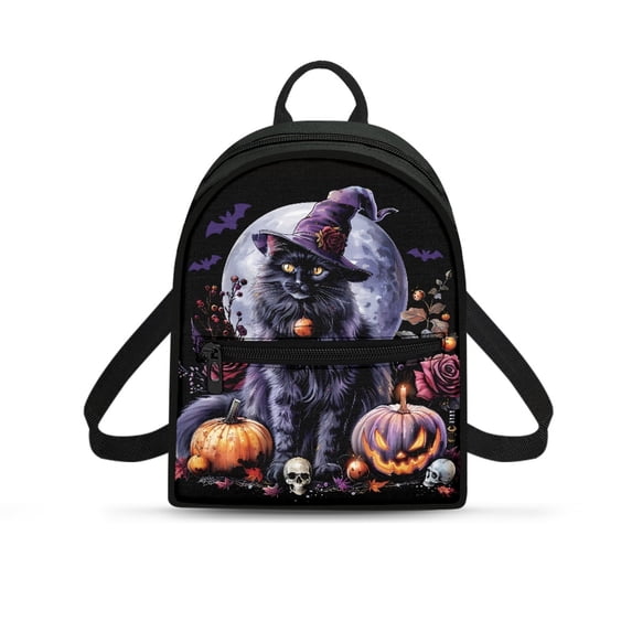 HELLHERO Black Cat Small Backpack, Adjustable Strap Polyester Mini Backpack for Shopping Travel, Lightweight Mini Polyester Backpacks