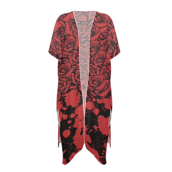 HELLHERO Black Roses Splatter Effect Long Kimono Swimsuit Cover Up Breathable High Quality Fabrics Short Sleeve Long Swimsuit Cover ups