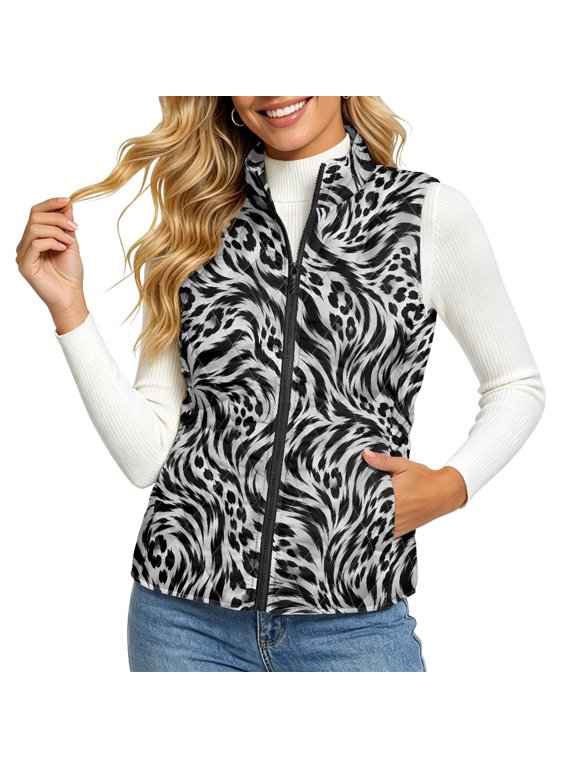 Black White Leopard Quilted Puffer Vest, Zipper with Pocket Stretch Polyester Women's Quilted Vest for Winter Daily Travel
