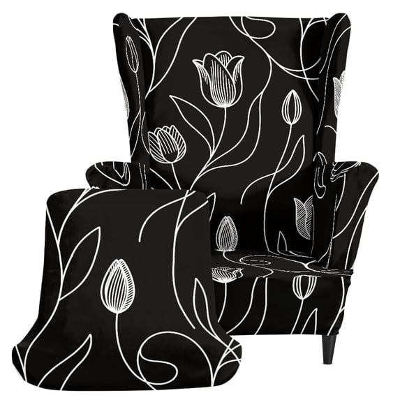 HELLHERO Black White Tulip Pattern Spandex Fabric Wingback Chair Covers with Stretch, Non-slip Wingback Chair Slipcover for Indoor Living Room