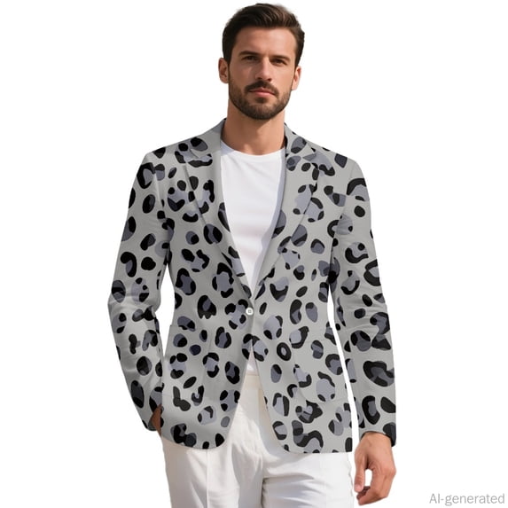 HELLHERO Black and Gray Leopard Print Polyester Men's Suit Coat with Single Button, Soft Lightweight Regular Fit Blazer for Business